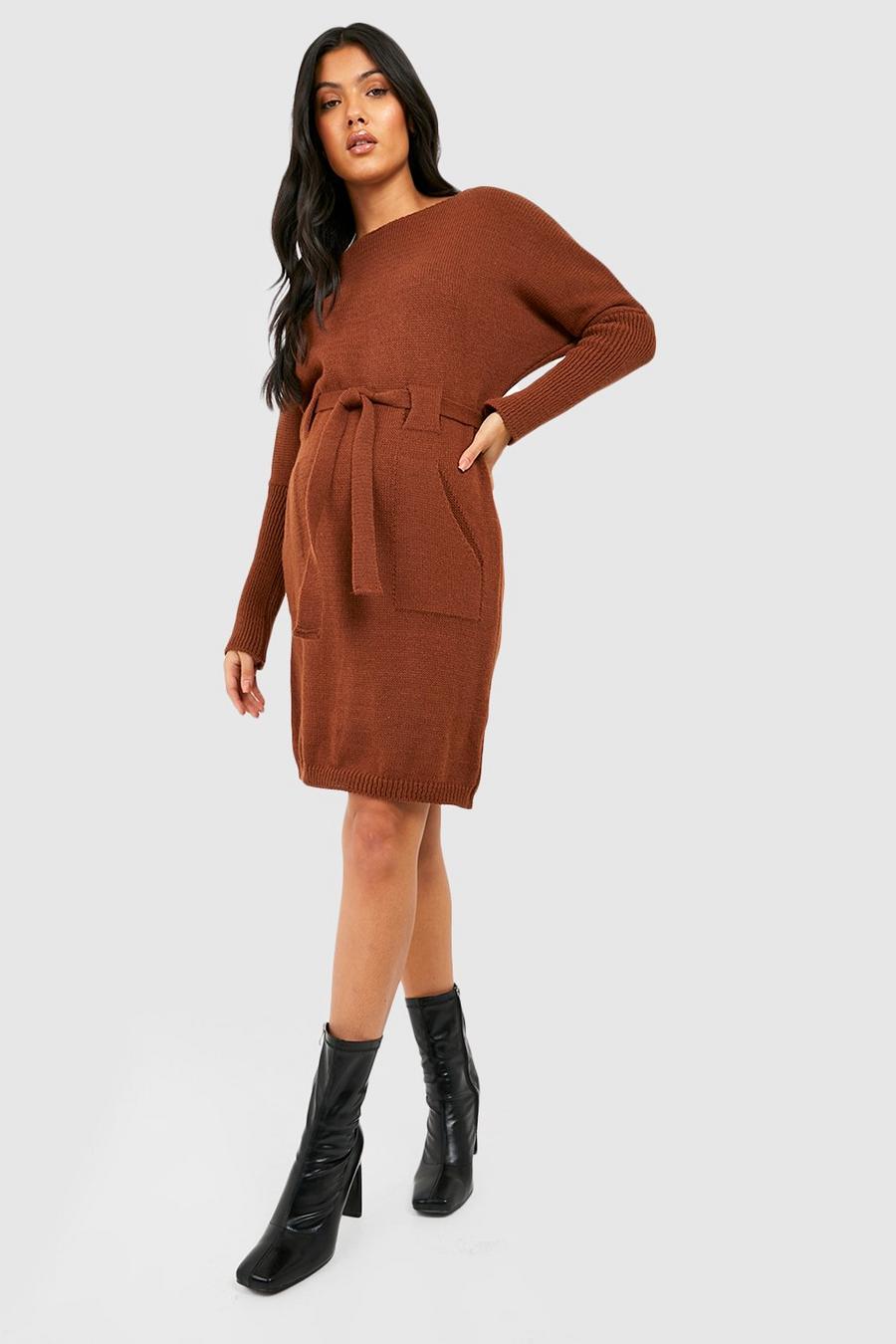 Chocolate brown Maternity Belted Knitted Mini Dress