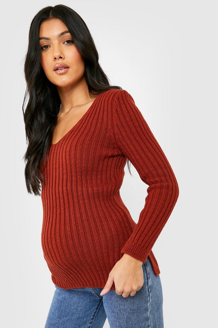 Rust Maternity Side Split V Neck Sweater image number 1
