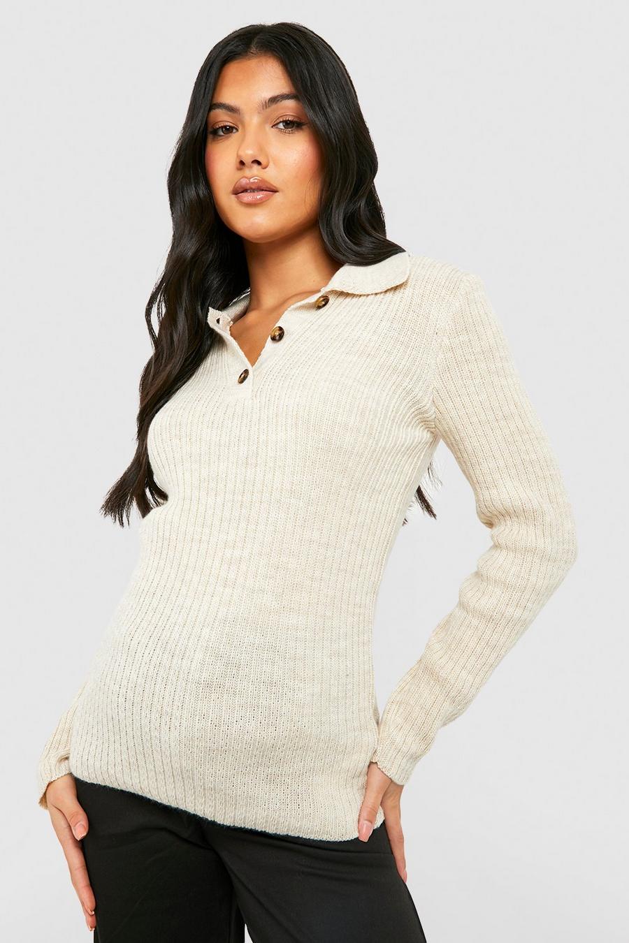 Oatmeal beige Maternity Collar Button Front Sweater