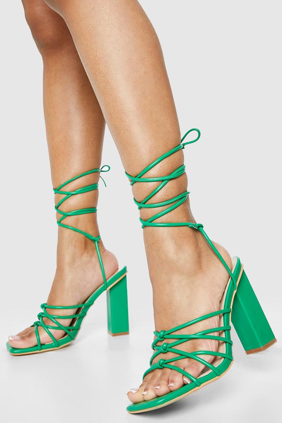 Green Knot Detail Block Heel Lace Up Sandals image number 1