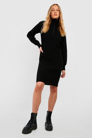 Tall Half Zip Knitted Mini Sweater Dress black