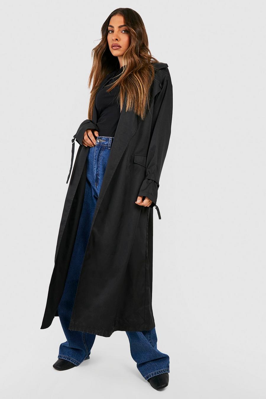 Black Belted Button Detail Trench Coat image number 1