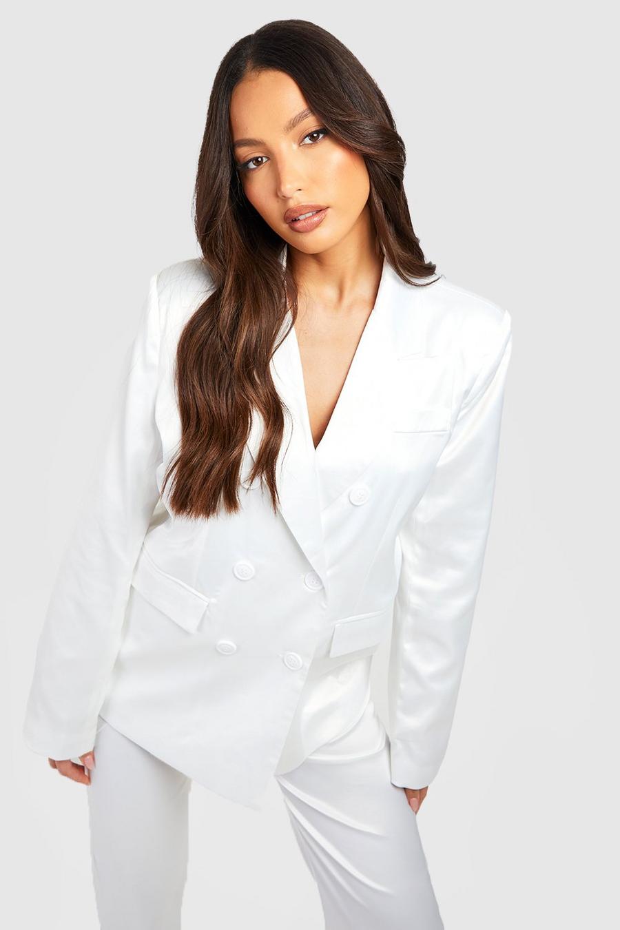 Ivory white Tall Premium Hammered Satin Double Breasted Blazer