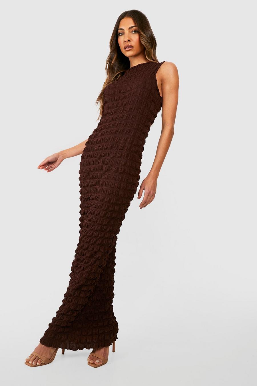 Chocolate Bubble Textured Racer Neck Maxi Dress image number 1