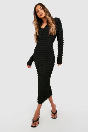 Bubble Textured V Neck Midi Dress black