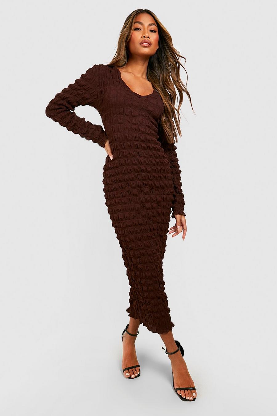 Chocolate brown Bubble Textured V Neck Midaxi Dress