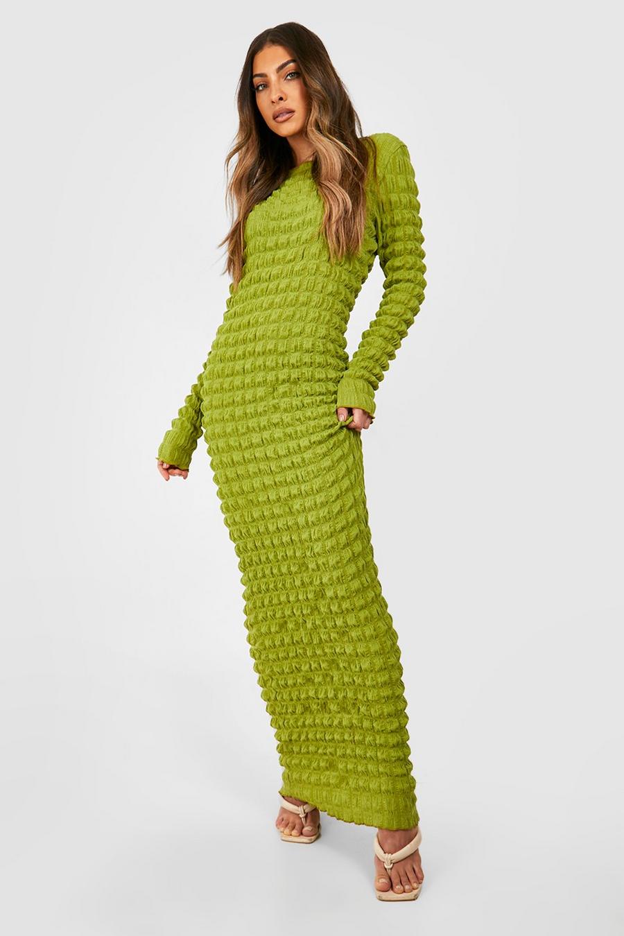 Olive Bubble Textured Maxi Dress