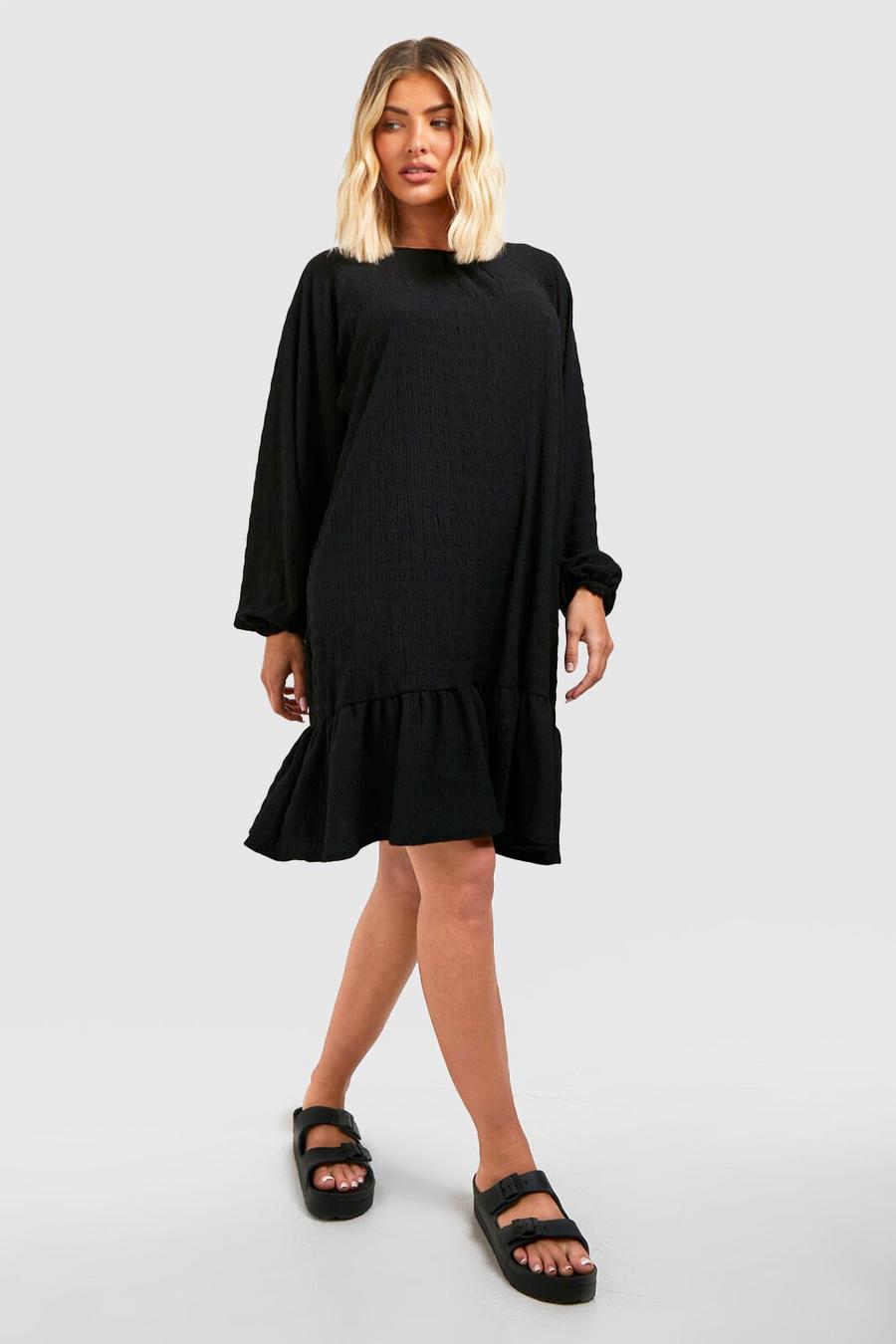 Black Textured Frill Hem Oversized Smock Dress