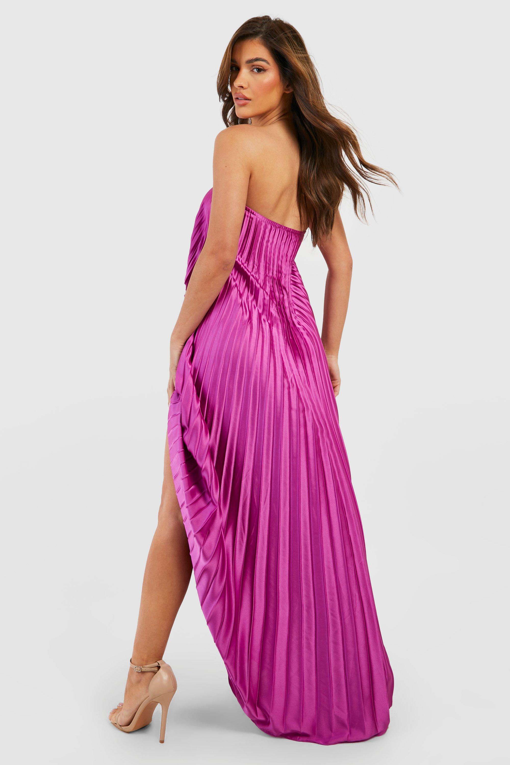 Pleated Satin Bandeau Maxi Dress