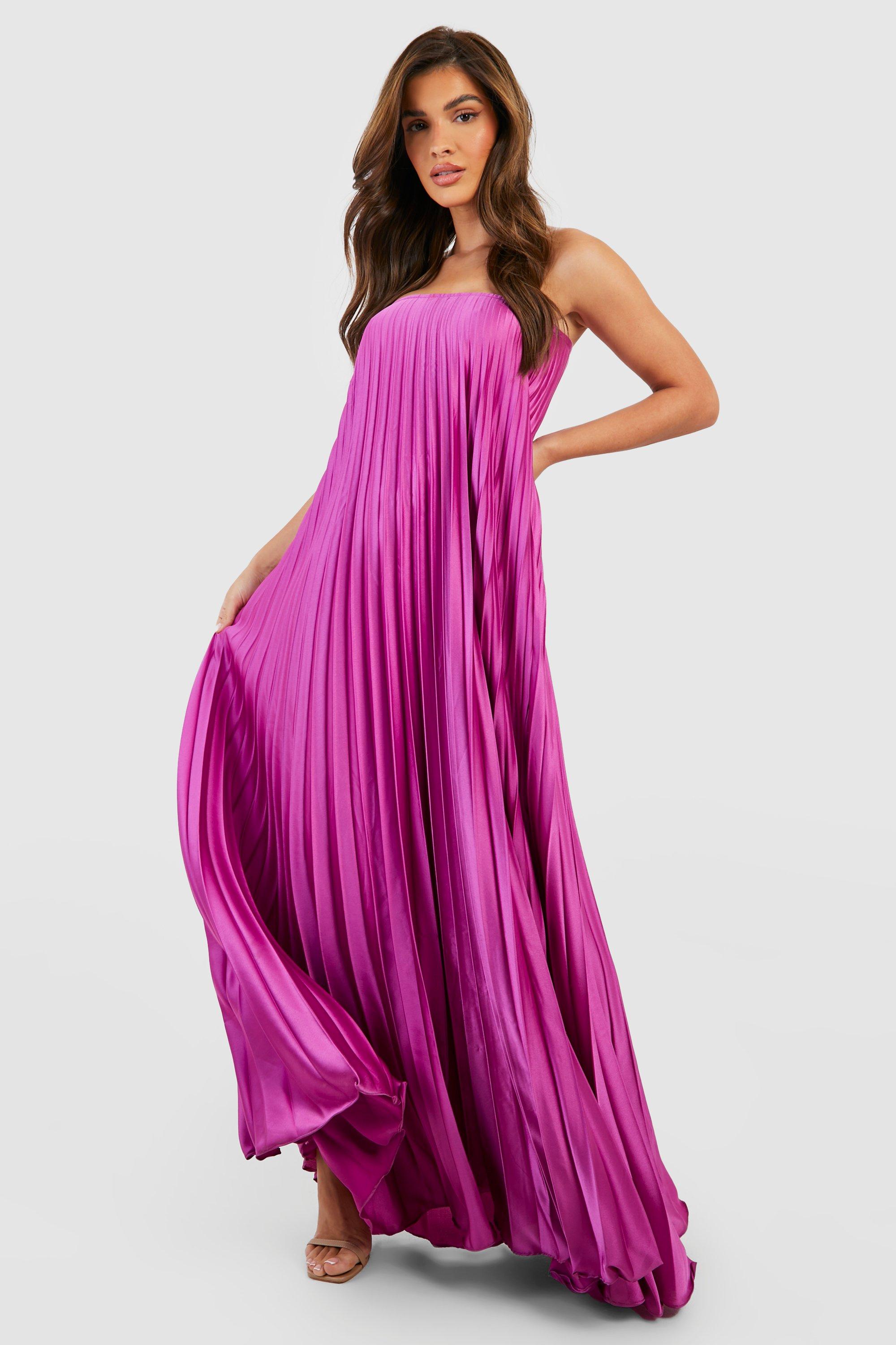 Pleated Satin Bandeau Maxi Dress