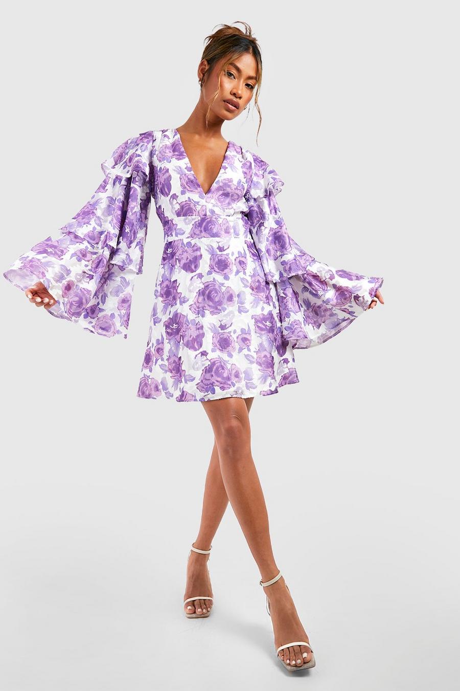 Lilac Floral Chiffon Layered Frill Sleeve Skater Dress image number 1