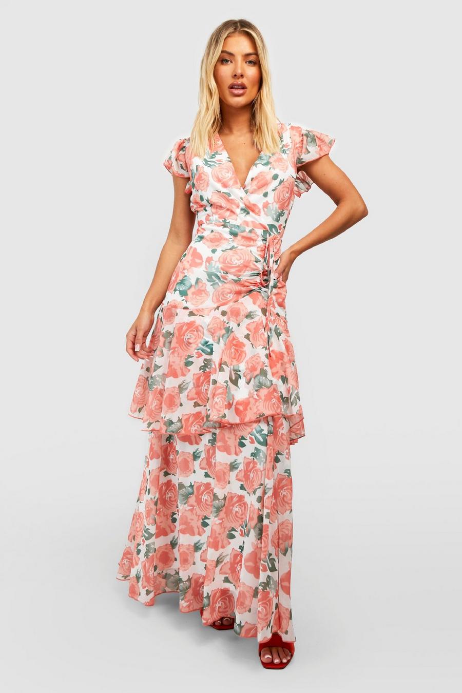 Floral Chiffon Ruffle Tiered Maxi Dress, Coral rosa