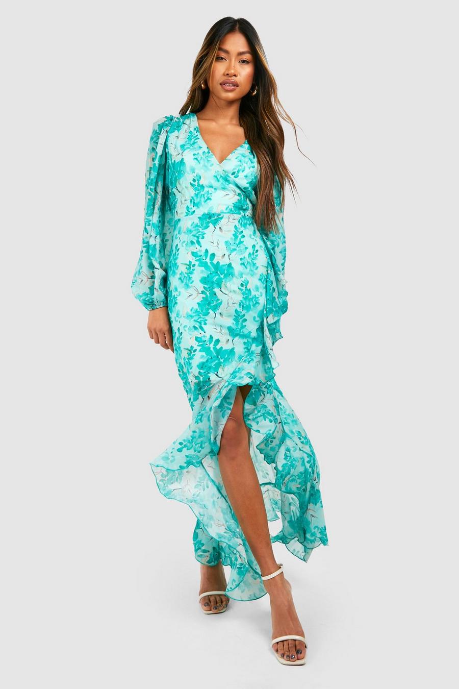 Green Floral Chiffon Frill Detail Maxi Dress image number 1
