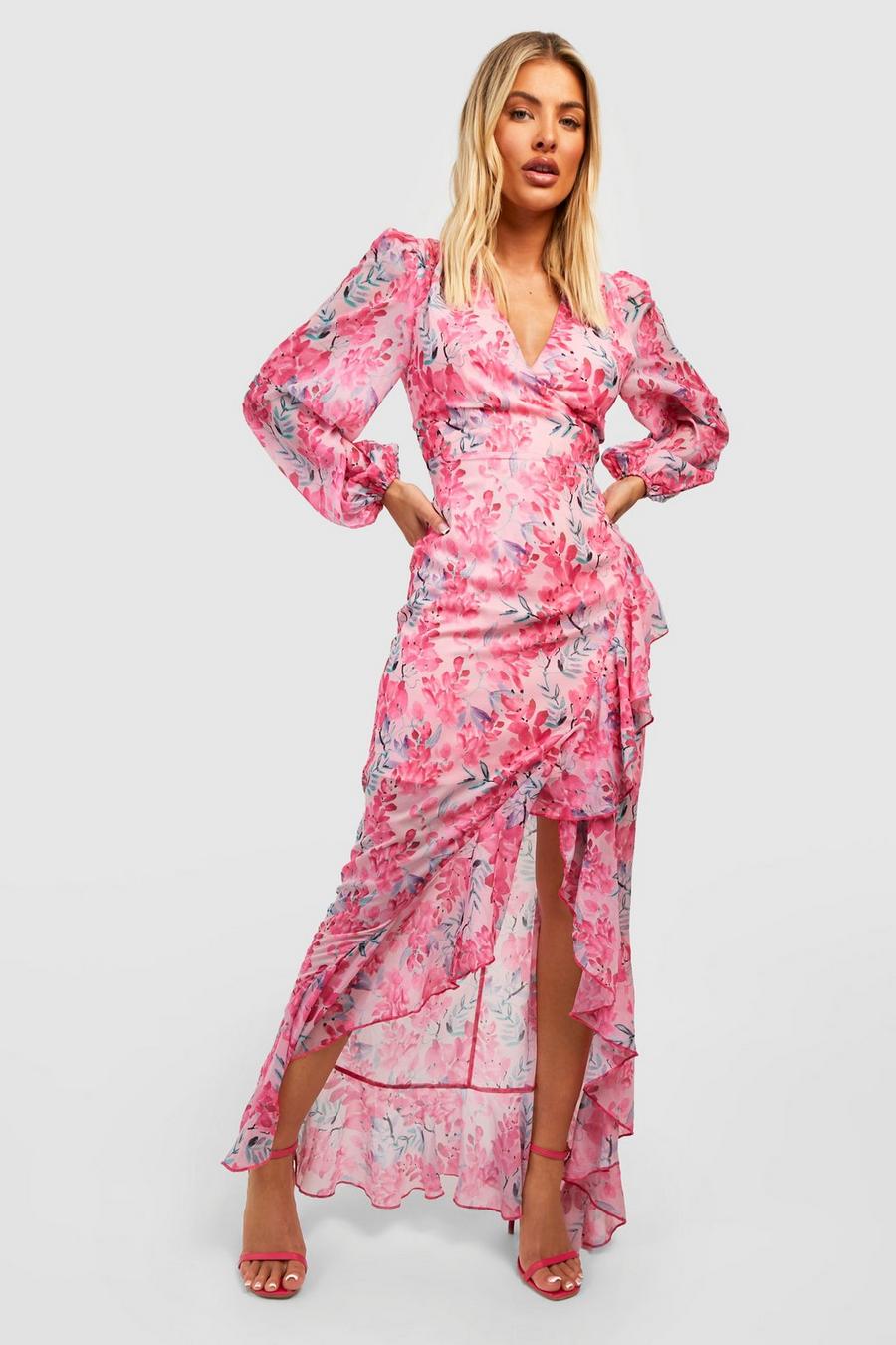 Pink Floral Chiffon Frill Detail Maxi Dress