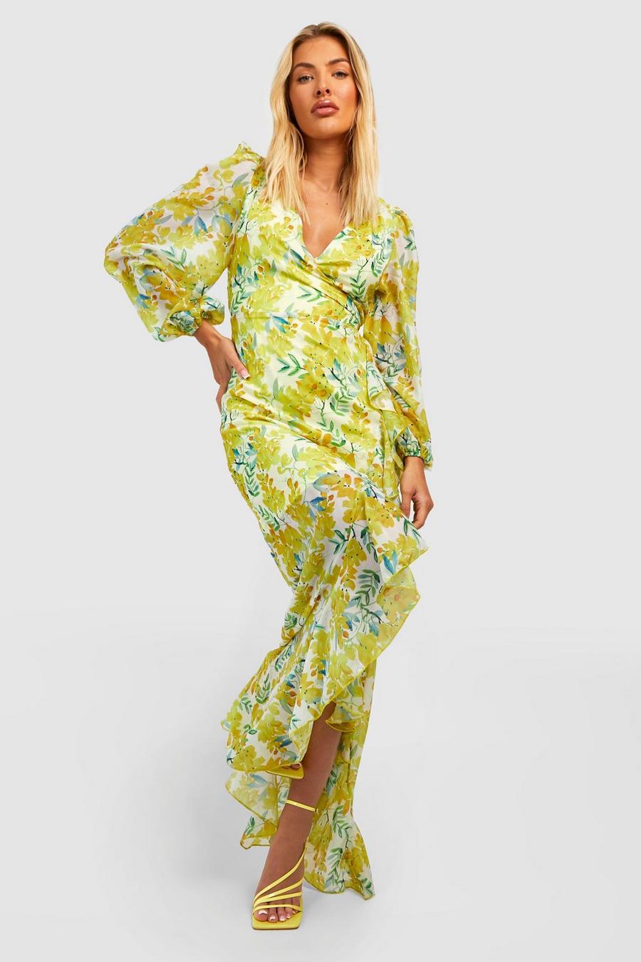 Yellow Floral Chiffon Frill Detail Maxi Dress image number 1
