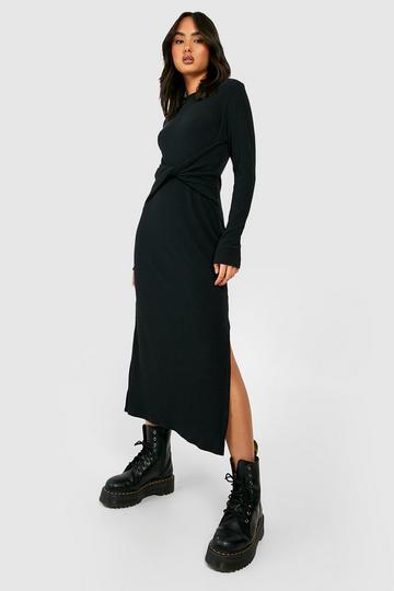 Black Soft Rib Twist Detail Oversized Jumper Dress