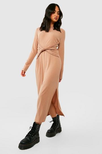 Soft Rib Twist Detail Oversized Jumper Dress stone