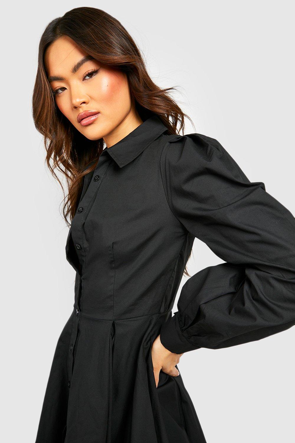 Cotton Balloon Sleeve Pleat Detail Shirt Dress | boohoo