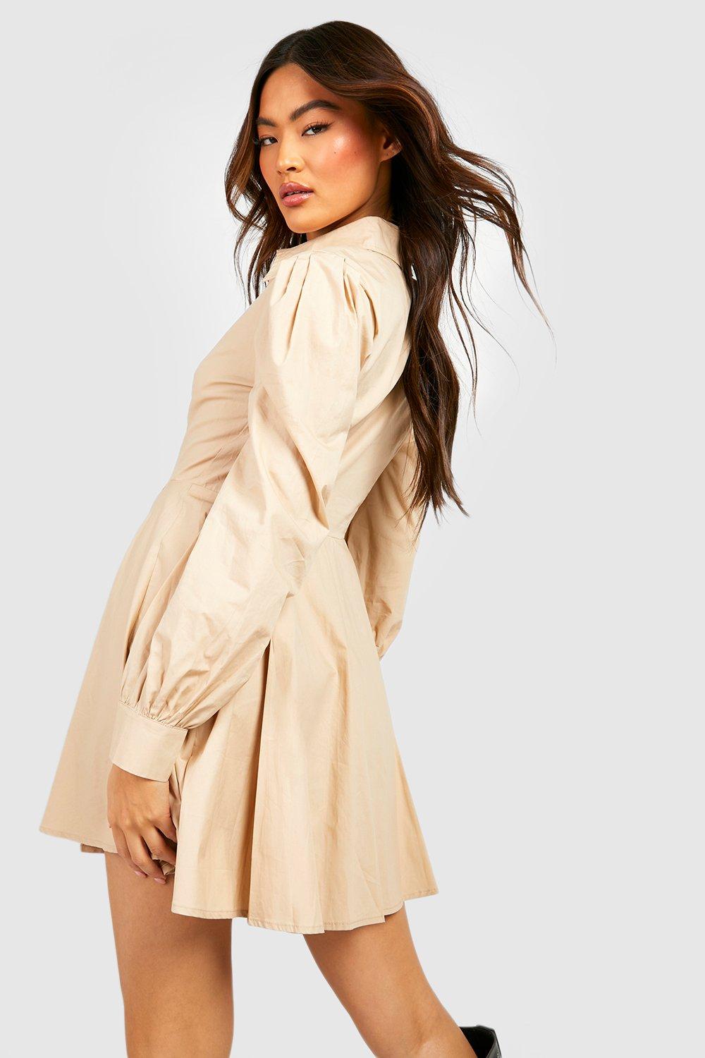 Cotton Balloon Sleeve Pleat Detail Shirt Dress | boohoo