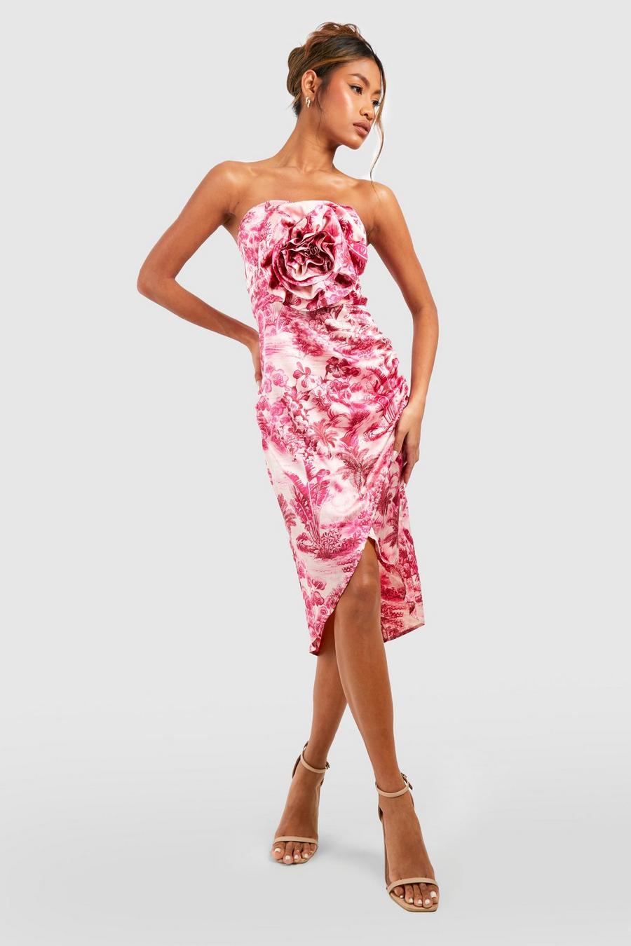 Pink rosa 3d Rose Detail Bandeau Wrap Midi Dress