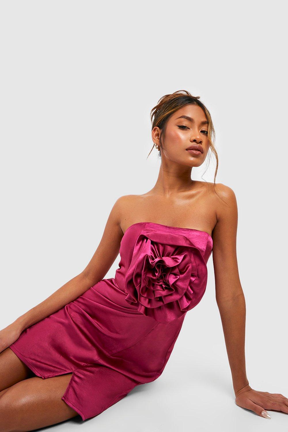 Hot Pink Satin Bandeau Midi Dress Wedding Guest Dress Satin 