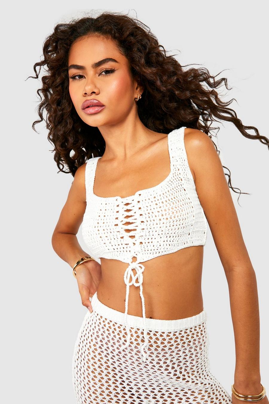 White Crochet Lace Up Corset image number 1