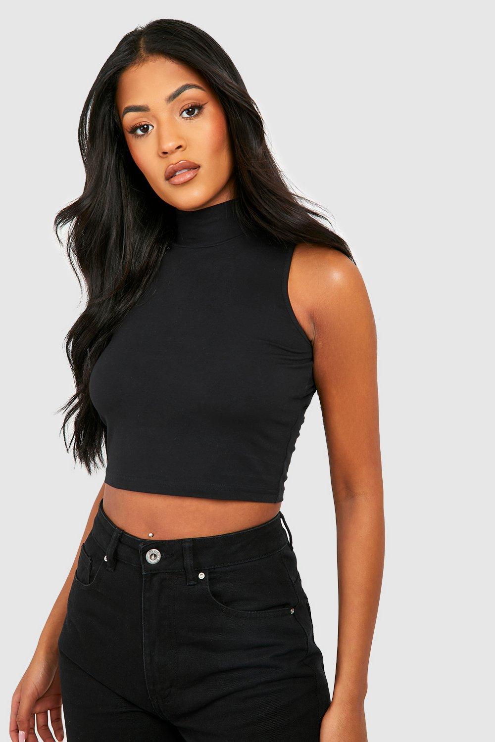 Tall Crop top sans manches en coton col montant