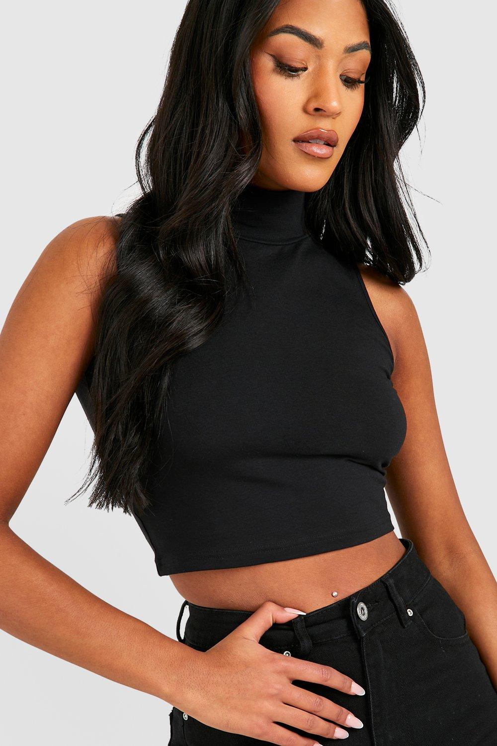 Tall Basic Cotton Blend High Neck Sleeveless Crop Top