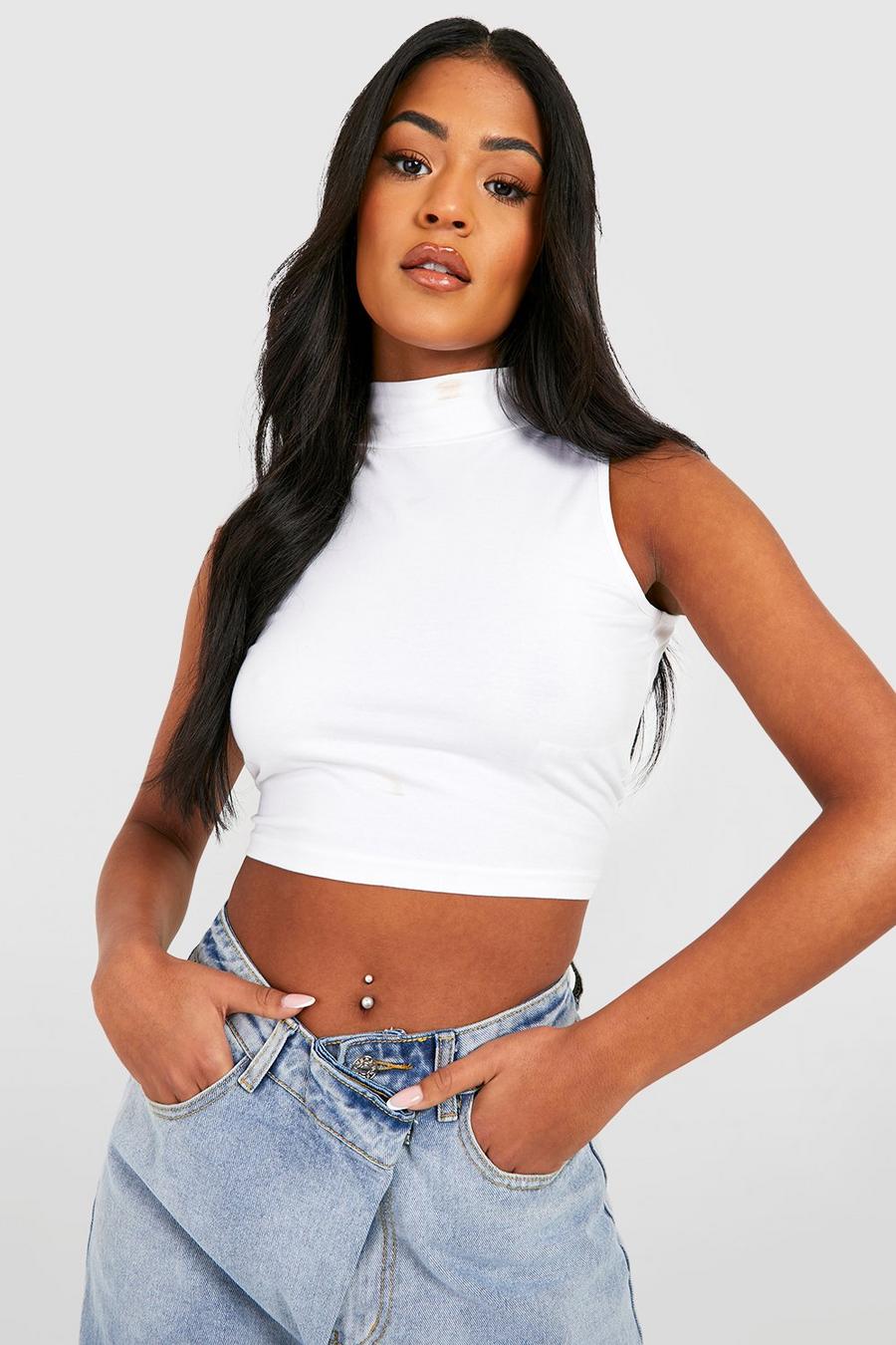 White Tall Basic Cotton Blend High Neck Sleeveless Crop Top image number 1