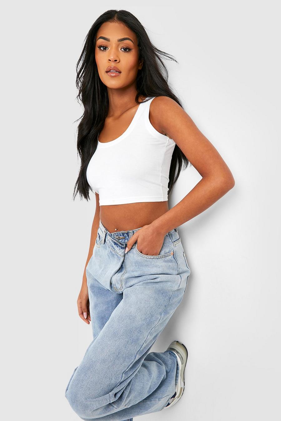 White Tall Basic Cotton Blend Scoop Neck Crop Top image number 1