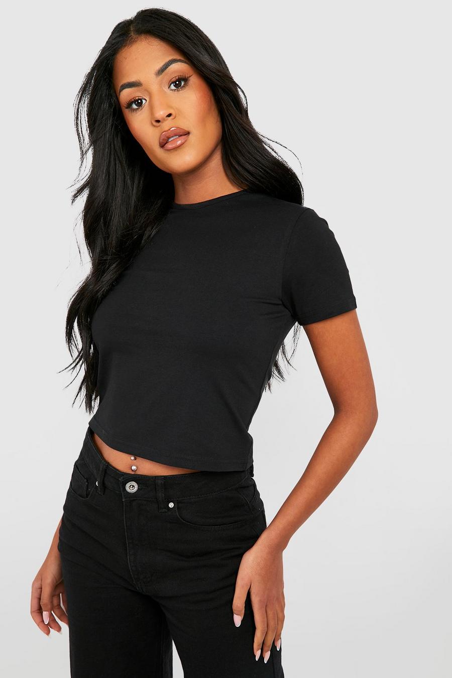 Black schwarz Tall Basic Cotton Blend Short Sleeve Crop Fitted T-shirt