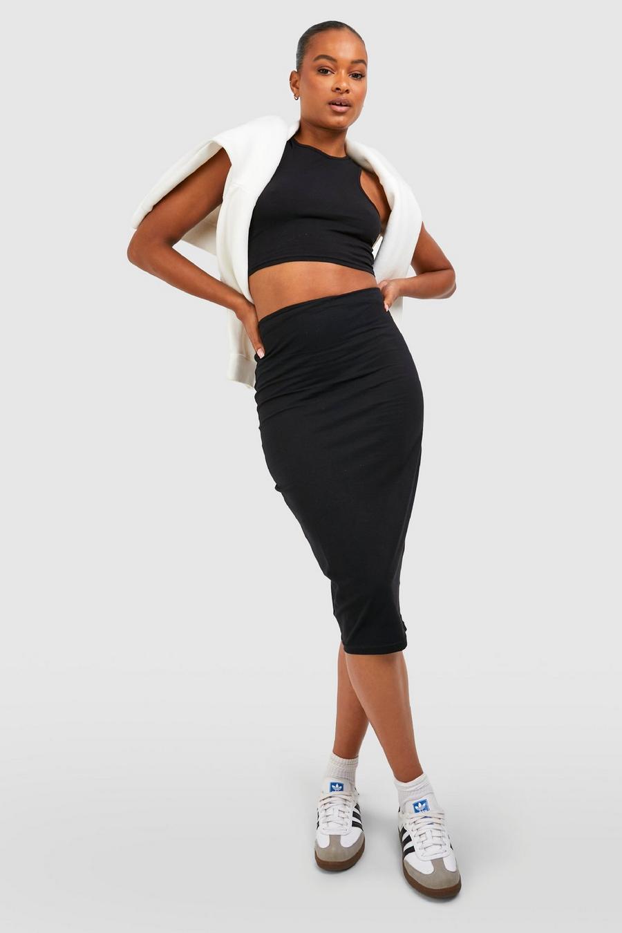 Black svart Tall Basic Cotton Blend Bodycon Midi Skirt image number 1