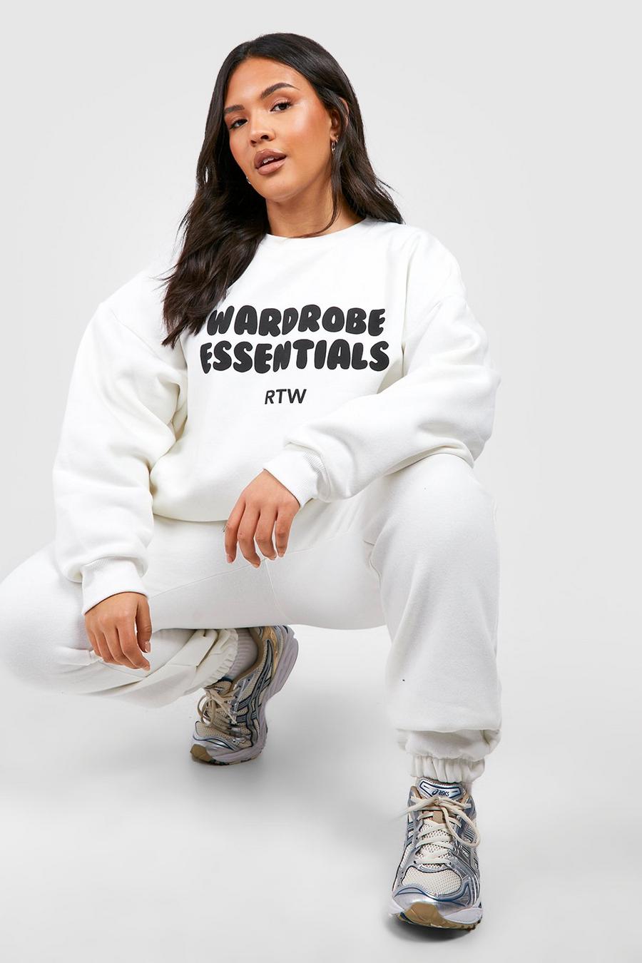 Plus Sweatshirt-Trainingsanzug mit Wardrobe Essentials Slogan, Ecru weiß