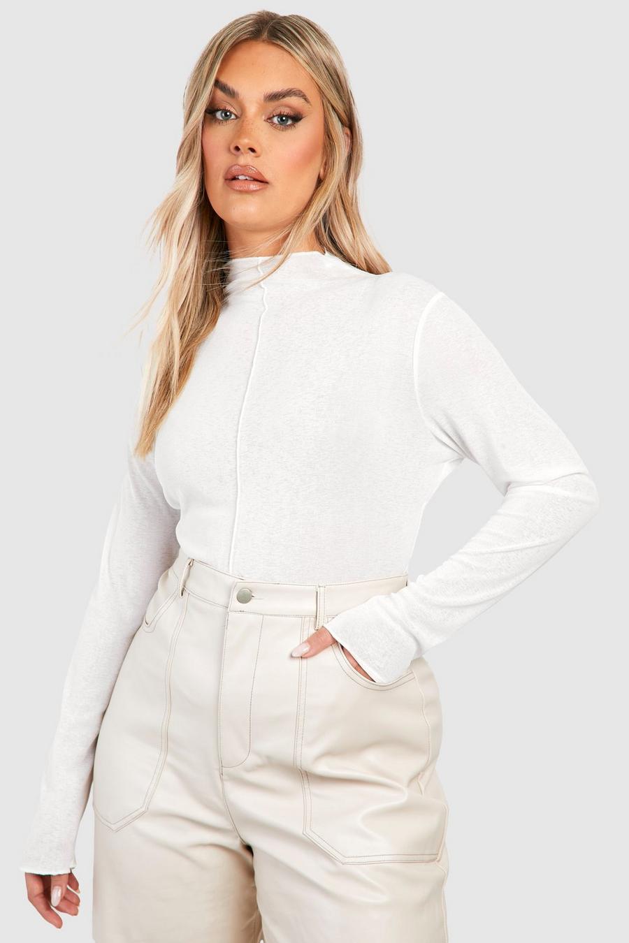 Plus Textured High Neck Sheer Long Sleeve Top, White blanco image number 1