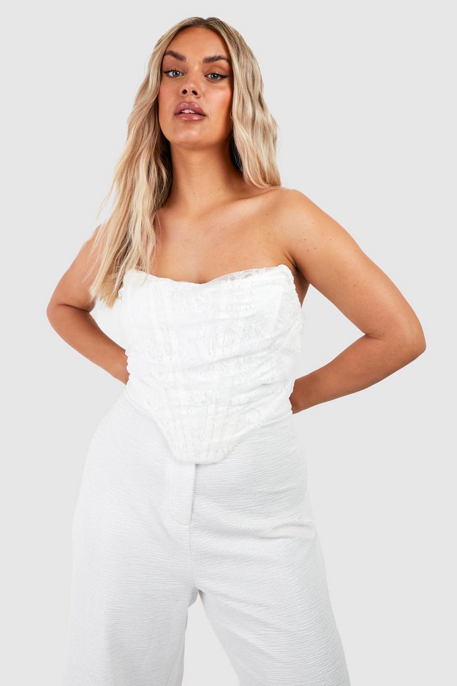 White Plus Lace Ruched Pointed Corset Top image number 1