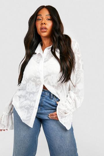 Plus Jacquard Chiffon Oversized Shirt white