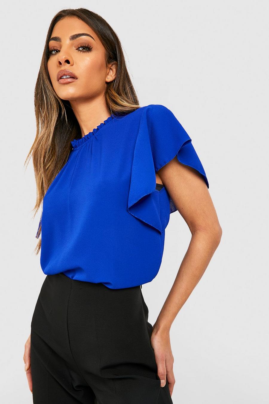 Cobalt blue Woven Frill Sleeve And Neck Blouse