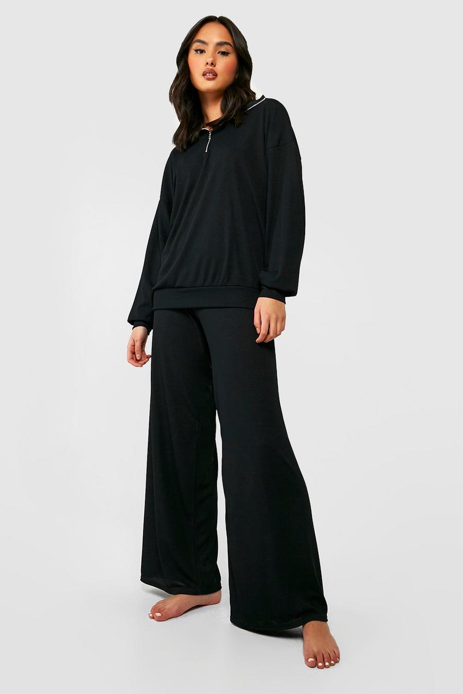 Set Loungewear da casa - felpa a coste con collo a imbuto e zip corta & pantaloni a gamba ampia, Black image number 1