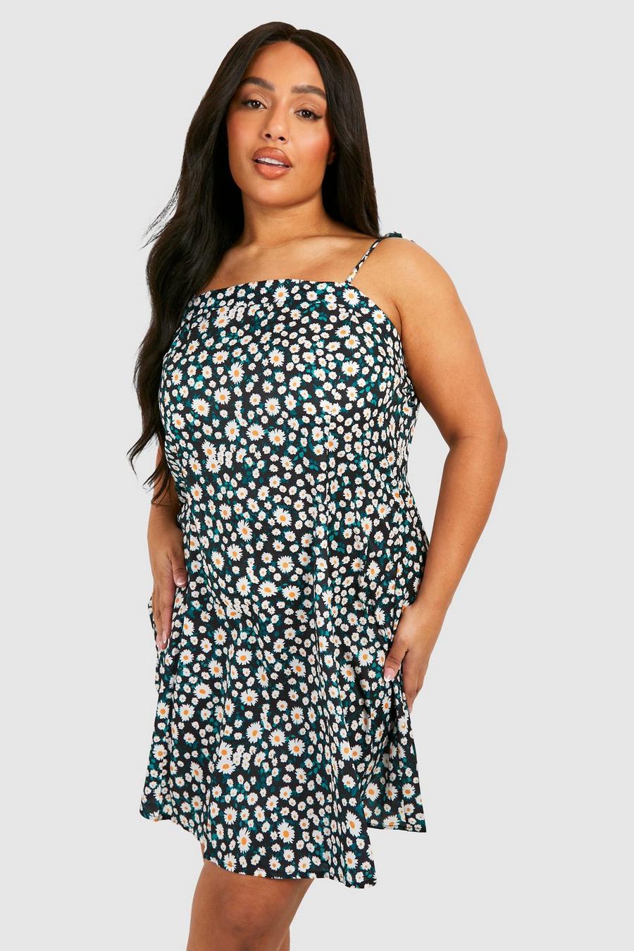 Black Plus Strappy Sunflower Print Swing Dress image number 1