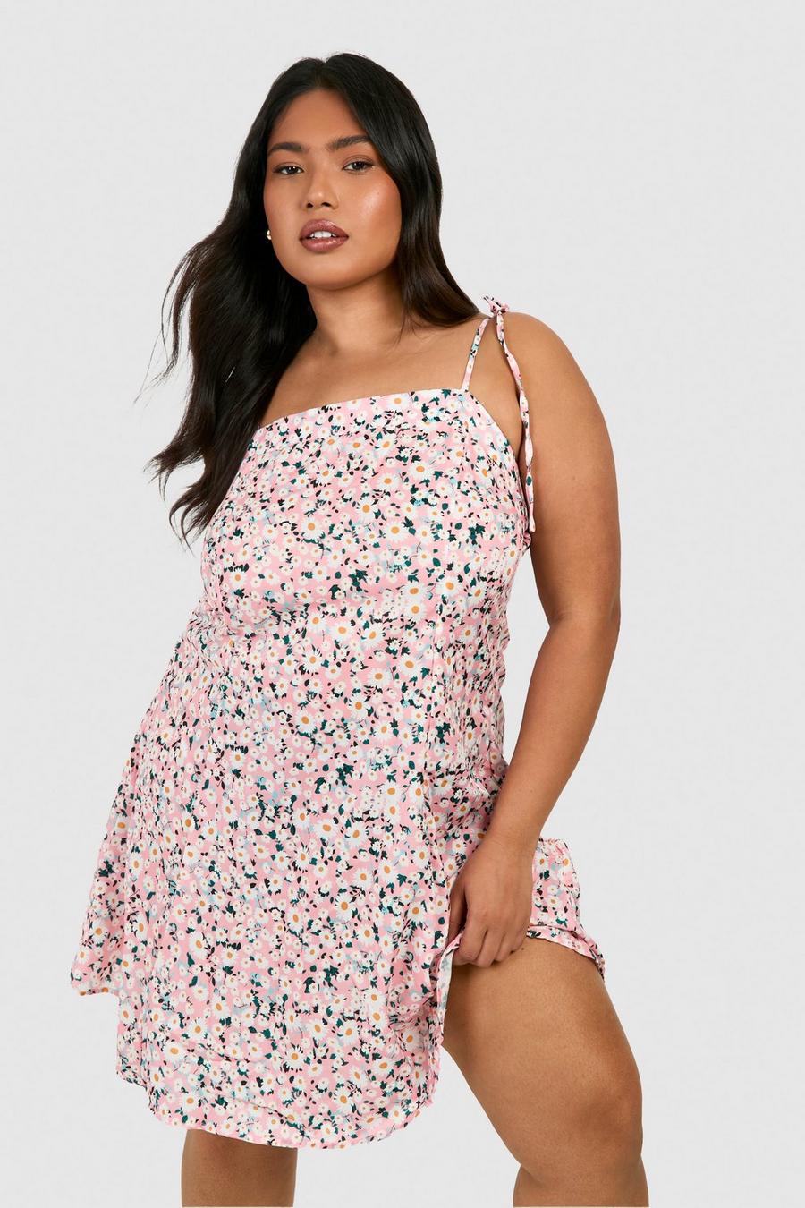 Pink Plus Strappy Sunflower Print Swing Dress image number 1