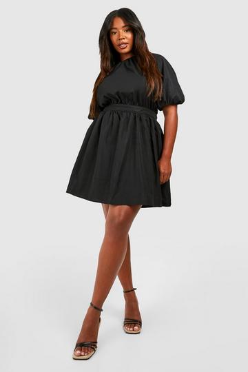 Plus Poplin Puff Sleeve Skater Dress black