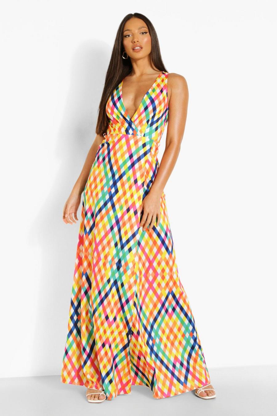 Multi Tall Rainbow Gingham Wrap Tie Maxi Dress