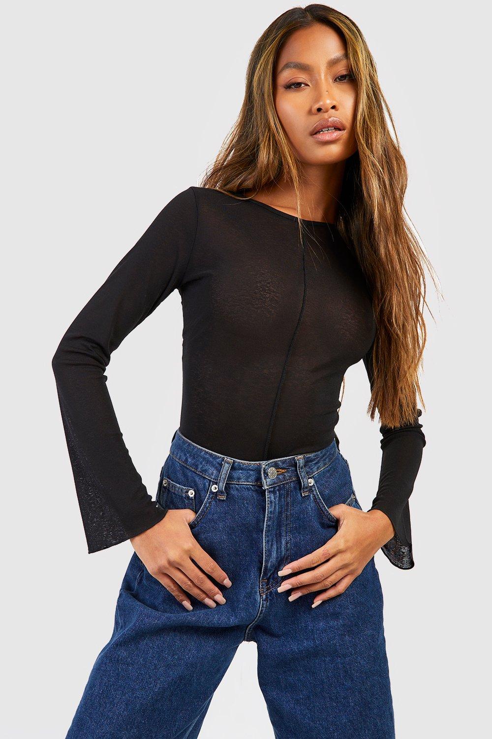 Black Sheer Textured Long Sleeve Top