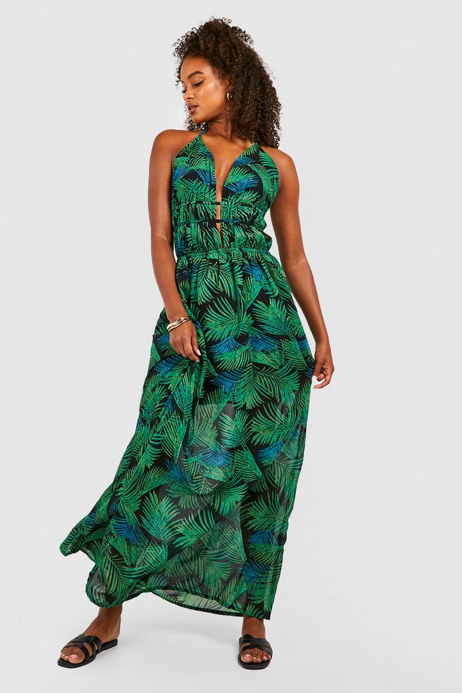 Tall Plunge Front Palm Print Maxi Dress, Leaf green verde