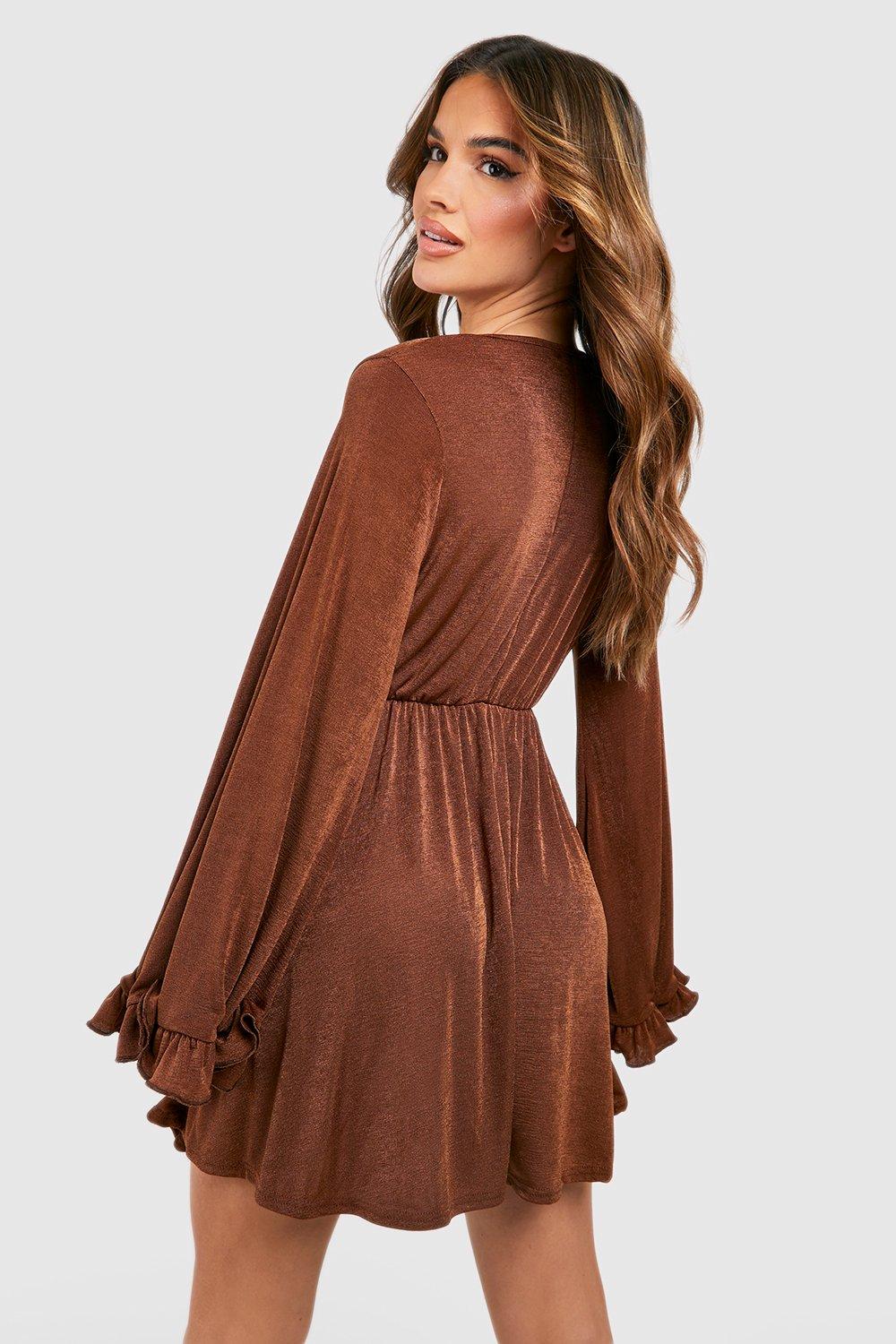 Women s Acetate Slinky Long Sleeve Skater Dress Boohoo UK