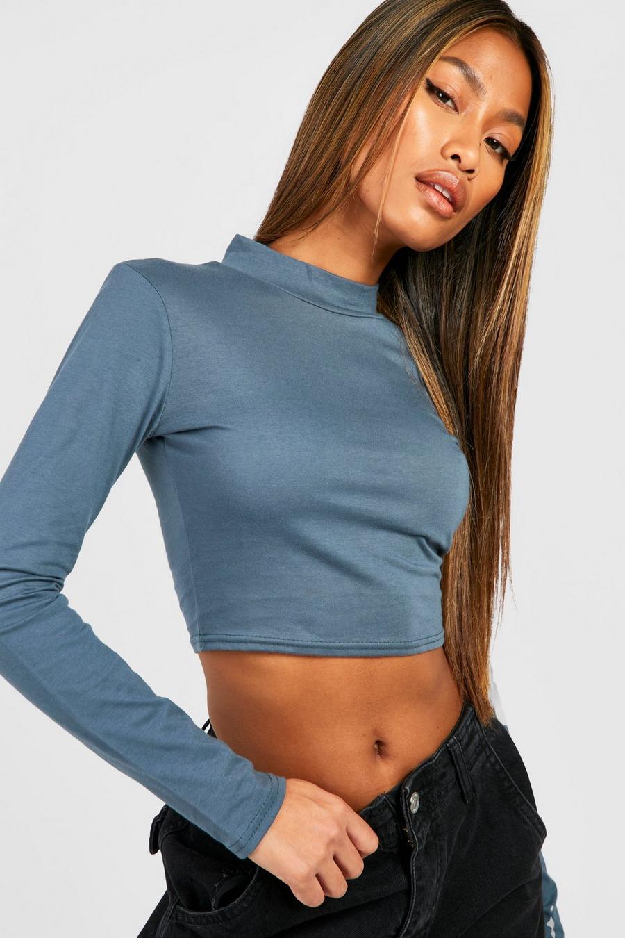 Charcoal Long Sleeve High Neck Cropped Cotton T-shirt  image number 1