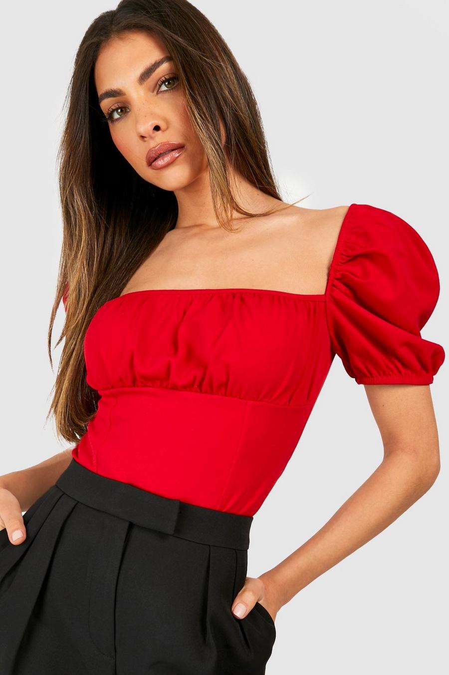 Red Scuba Square Neck Puff Sleeve Corset Top image number 1