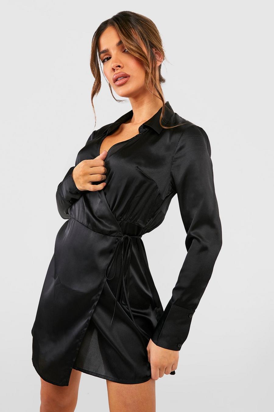 Black Satin Wrap Belted Shirt Dress image number 1