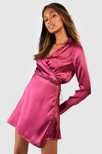 Mauve Purple Satin Wrap Belted Shirt Dress