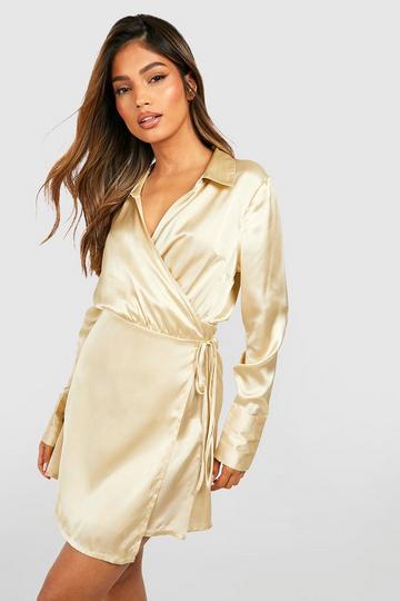 Satin Wrap Belted Shirt Dress sand